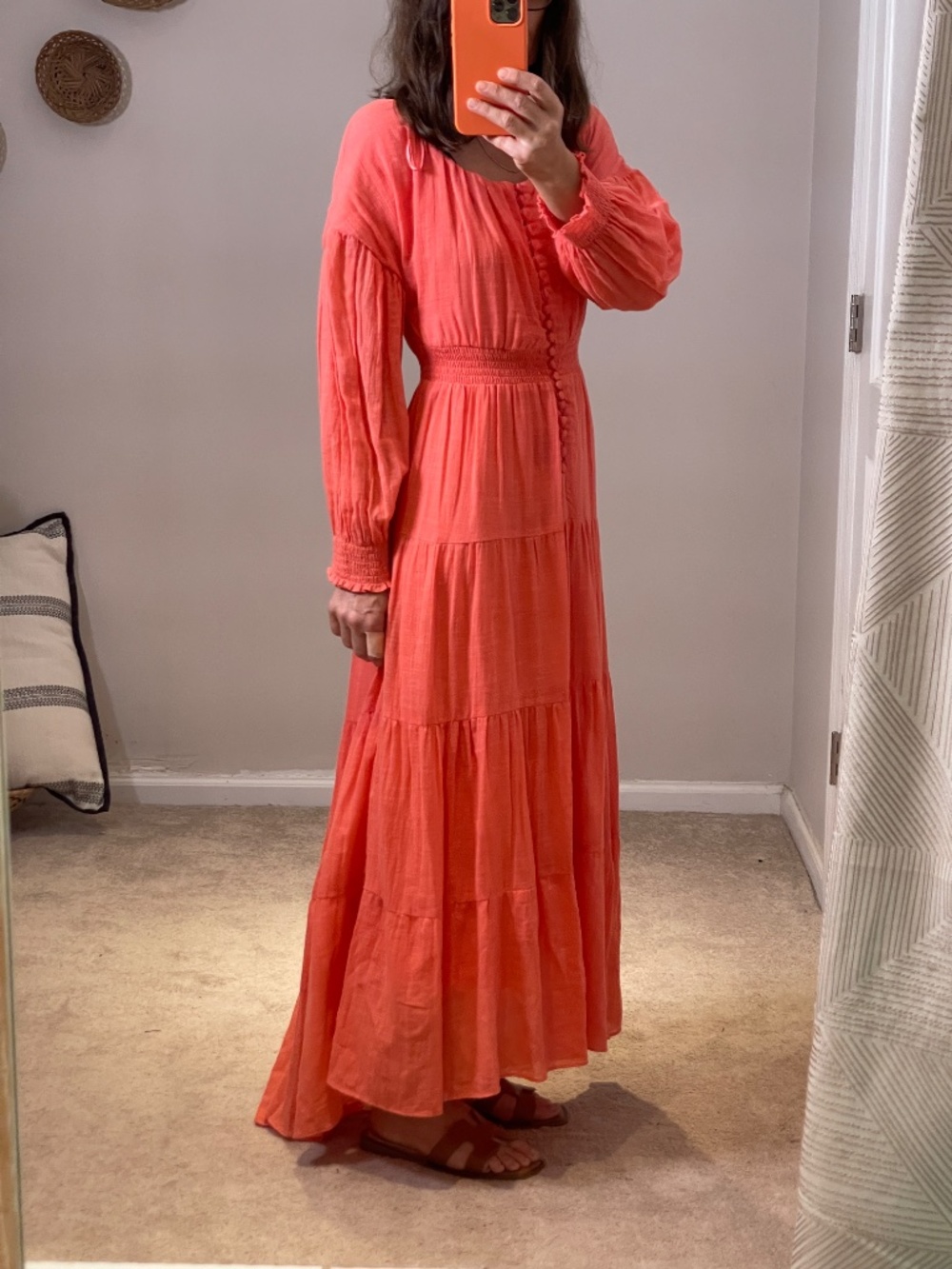 Taylor Dress cotton coral long sleeve tiered gauze cotton maxi dress size 2